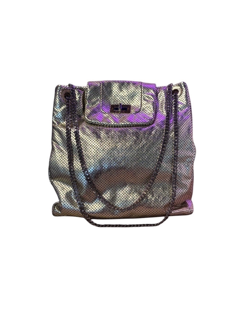 Posh Purse Co. Gold Chanel Drill Tote with perforated exterior and chain straps. Features a turn-lock closure on the flap.