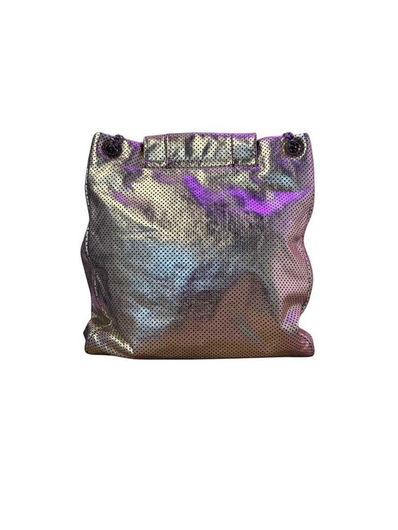 Posh Purse Co. Gold Chanel Drill Tote with perforated metallic finish and drawstring closure.