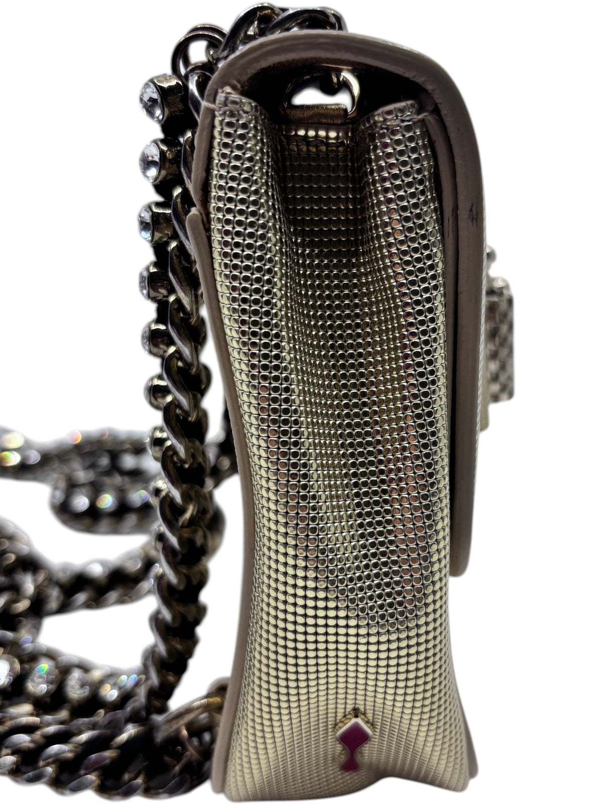 Posh Purse Co gold Christian Louboutin Sweet Charity backpack side view with chain strap and signature red detail