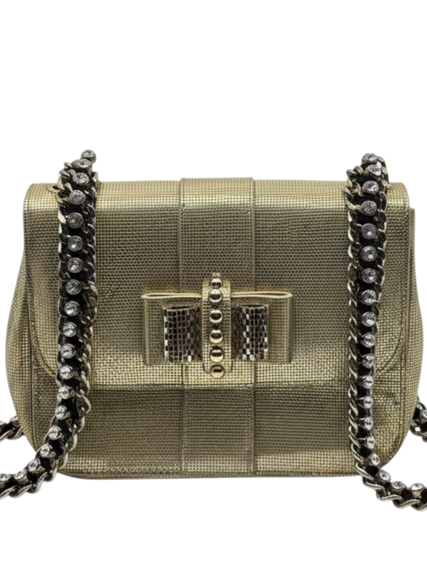 Posh Purse Co gold Christian Louboutin Sweet Charity backpack with crystal-embellished chain straps and bow detail.