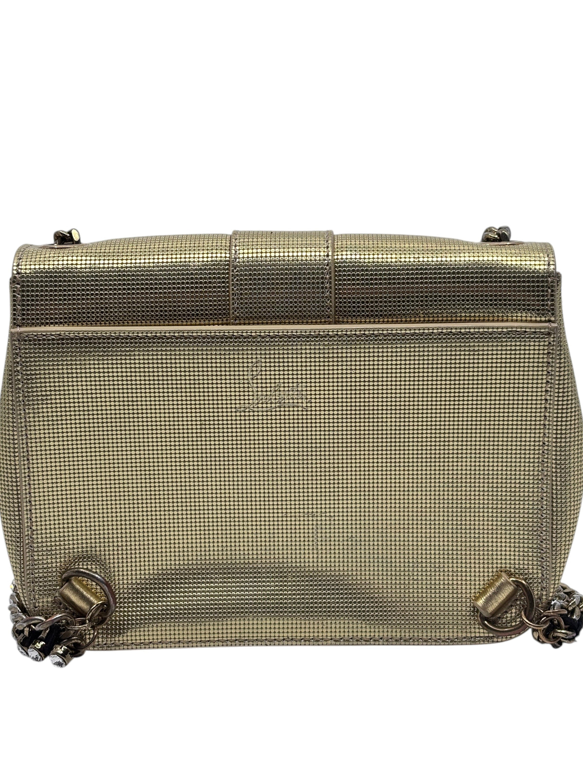 Posh Purse Co gold Christian Louboutin Sweet Charity backpack with textured metallic finish and chain straps