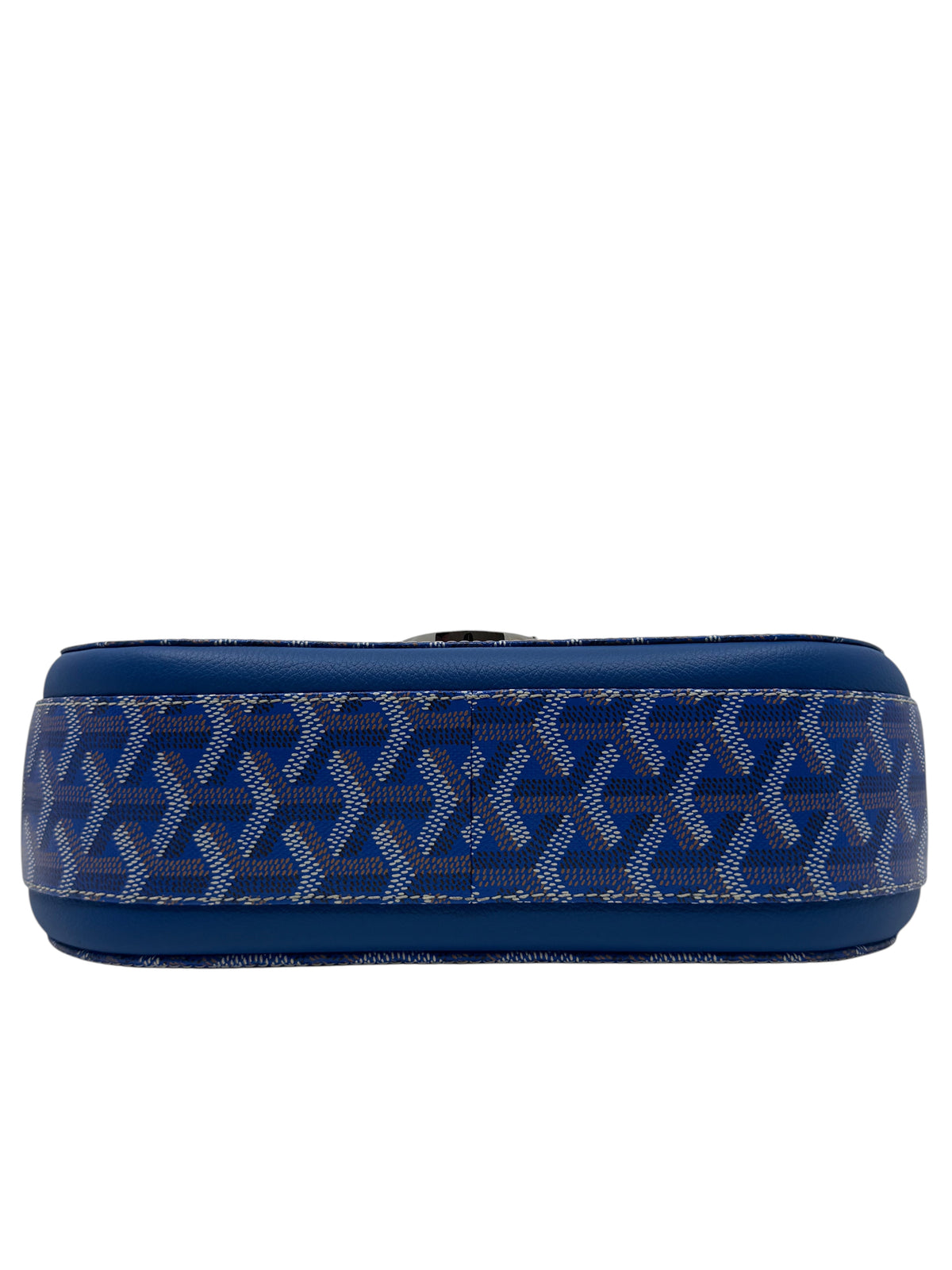 Posh Purse Co. blue Goyard 233 shoulder bag featuring signature Goyardine canvas and leather trim, bottom view.