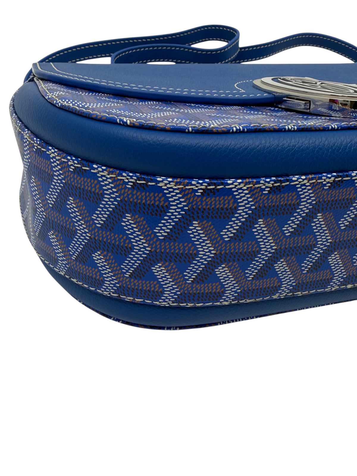 Posh Purse Co. blue Goyard 233 shoulder bag featuring signature Goyardine canvas, leather trim, and palladium hardware.