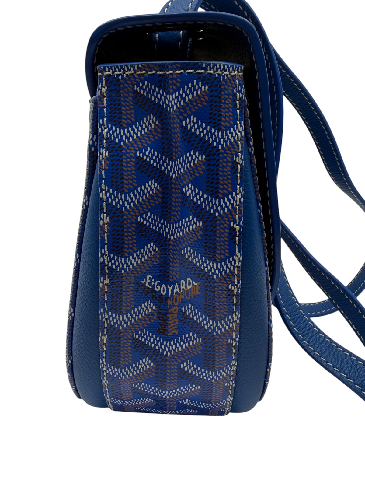 Side view of a blue Goyard 233 shoulder bag with signature chevron canvas and leather trim from Posh Purse Co.