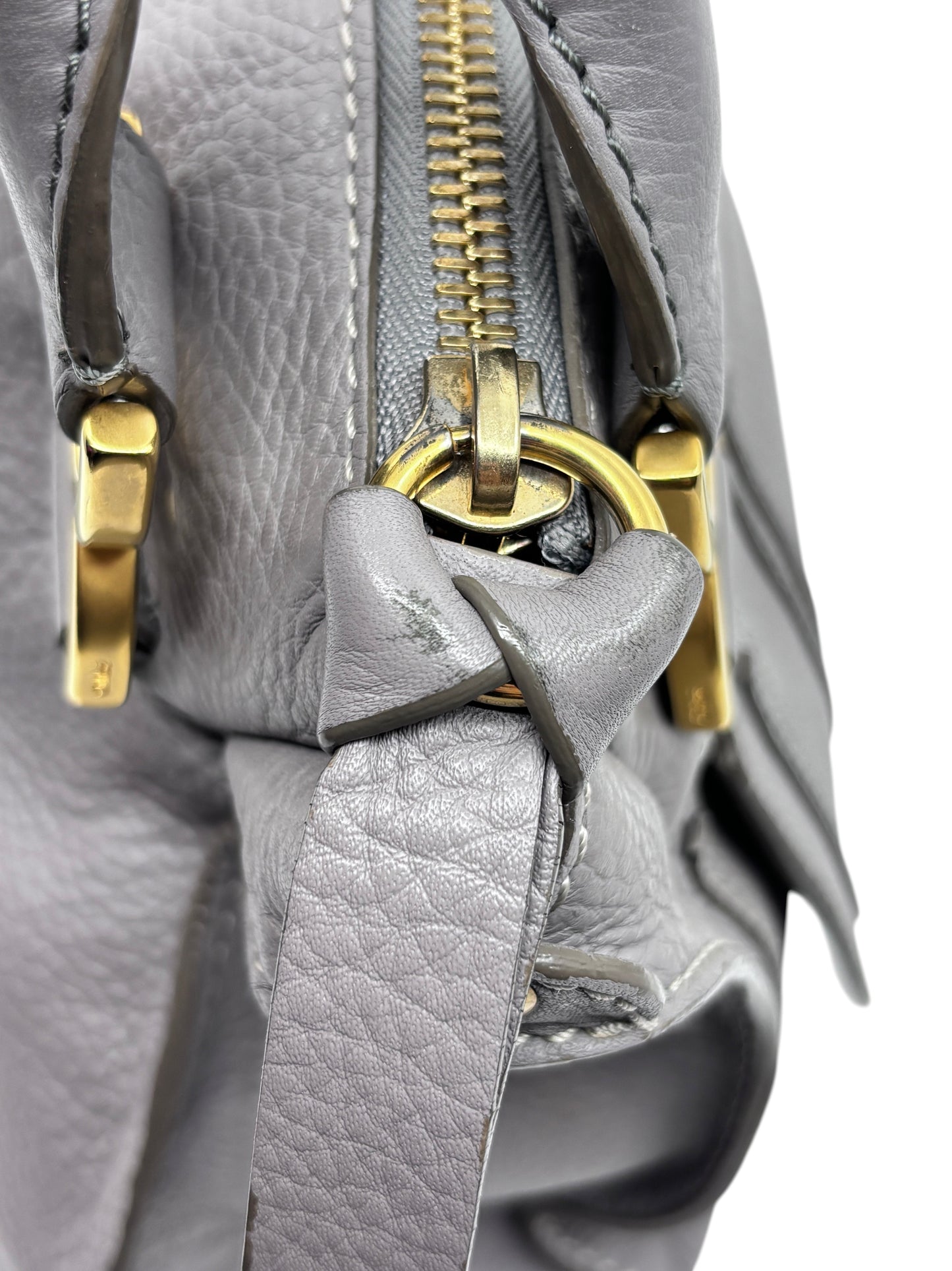 Posh Purse Co gray leather Chloé Marcie satchel bag featuring gold-tone hardware and detailed stitching