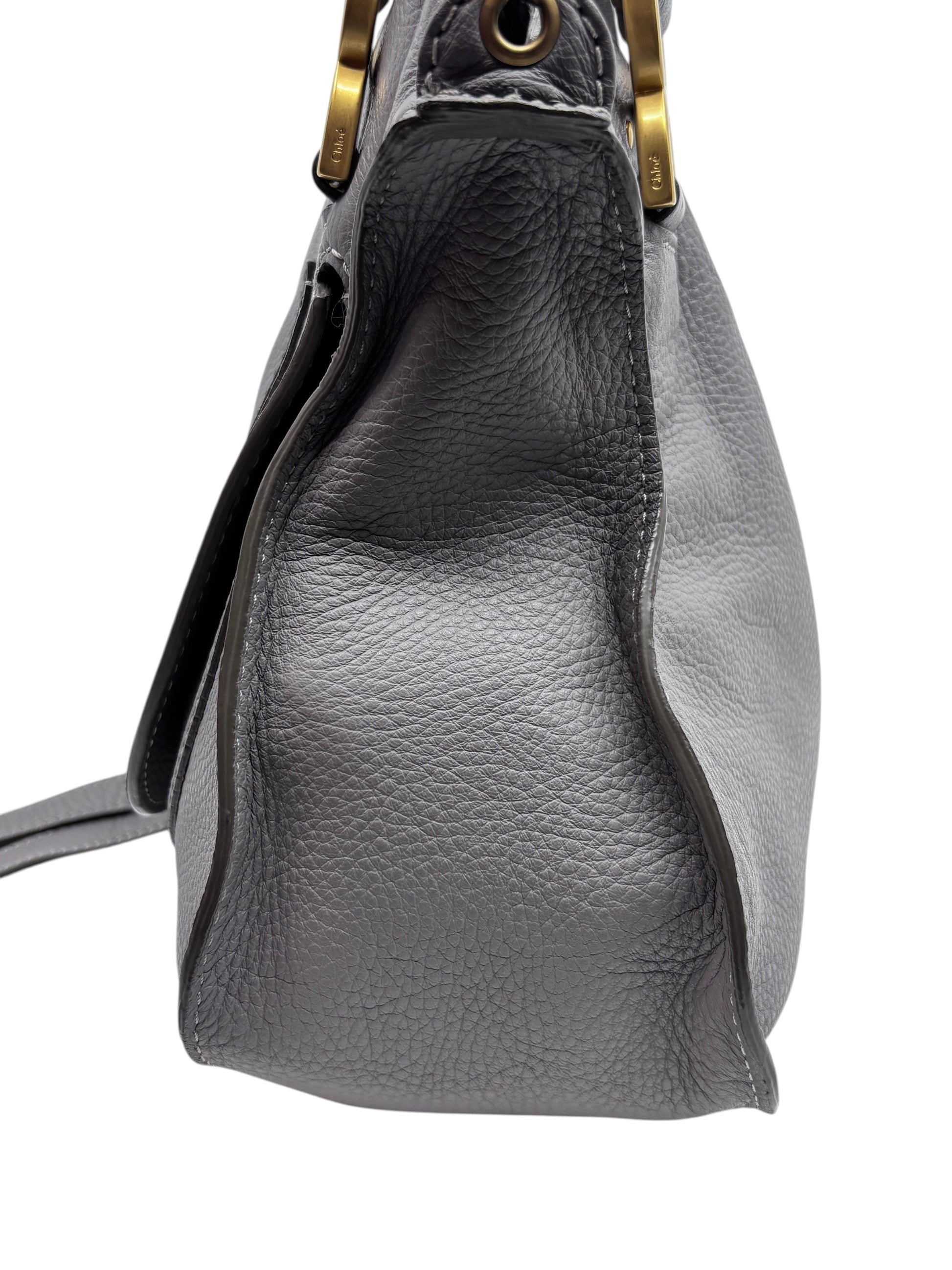 Posh Purse Co gray leather Chloé Marcie medium satchel side view showing pebbled texture and gold hardware details