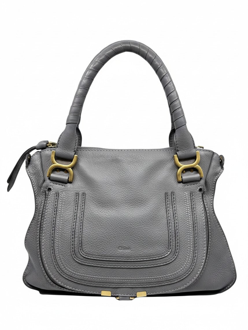 Posh Purse Co gray leather Chloé Marcie medium satchel with signature curved stitching and gold hardware