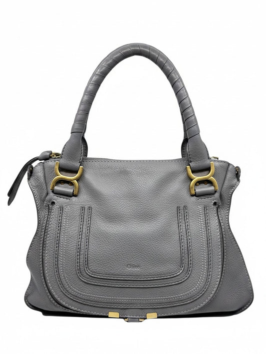 Posh Purse Co gray leather Chloé Marcie medium satchel with signature curved stitching and gold hardware