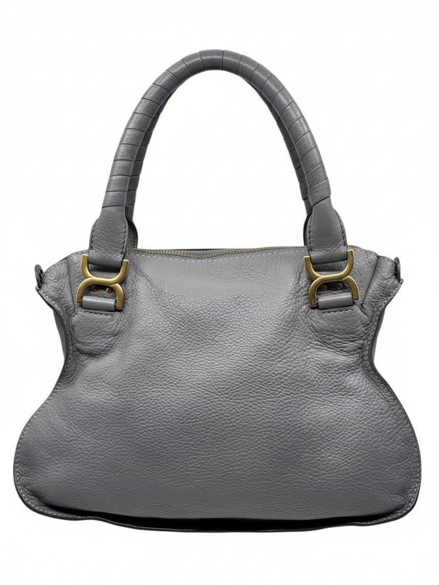 Posh Purse Co gray leather Chloé Marcie medium satchel with signature curved silhouette and dual wrapped top handles.