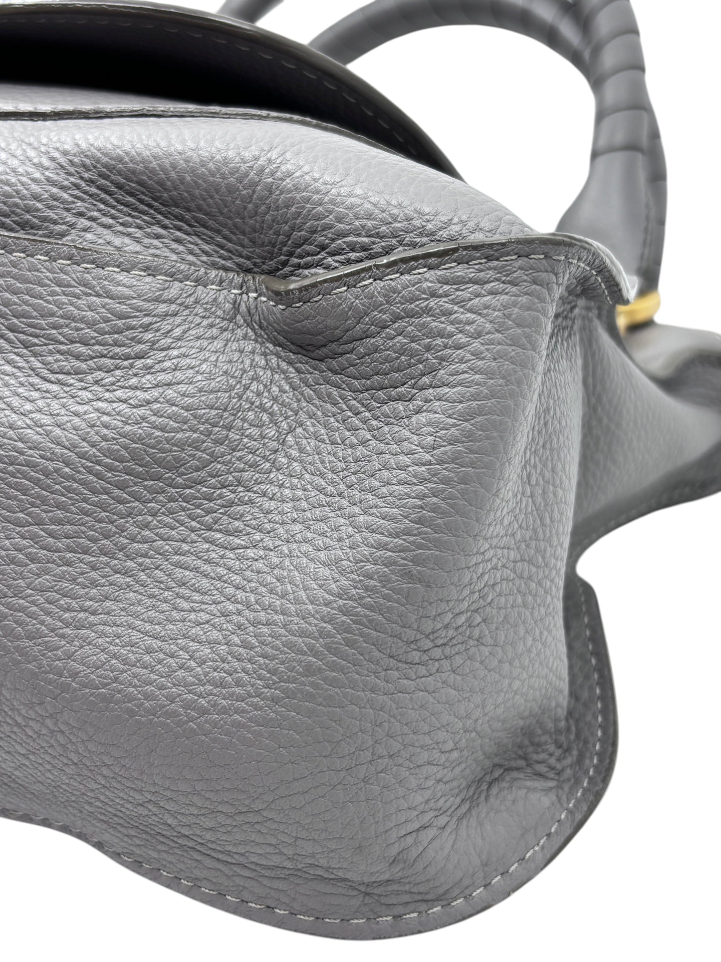 Posh Purse Co gray leather Chloé Marcie medium satchel bag with signature curved stitching and textured finish