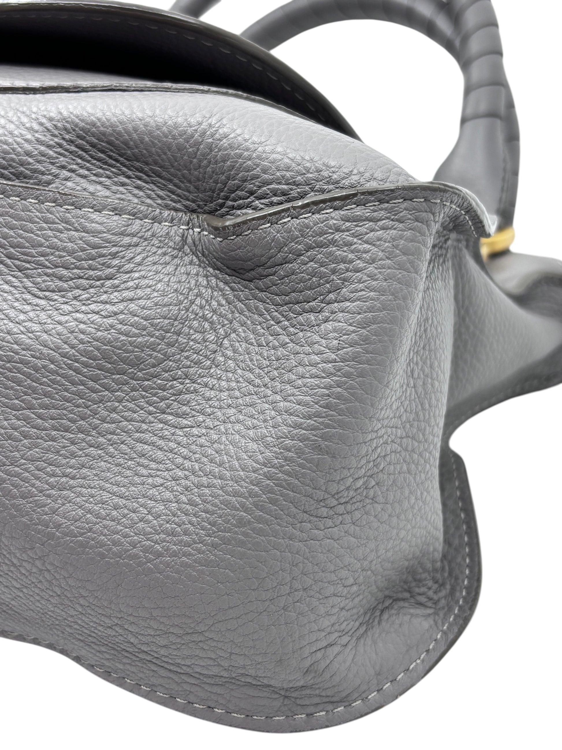 Posh Purse Co gray leather Chloé Marcie medium satchel bag with signature curved stitching and textured finish