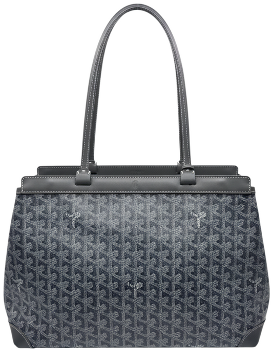 Posh Purse Co gray Goyard Bellechasse tote in Goyardine canvas with chevron print and calfskin leather trim.