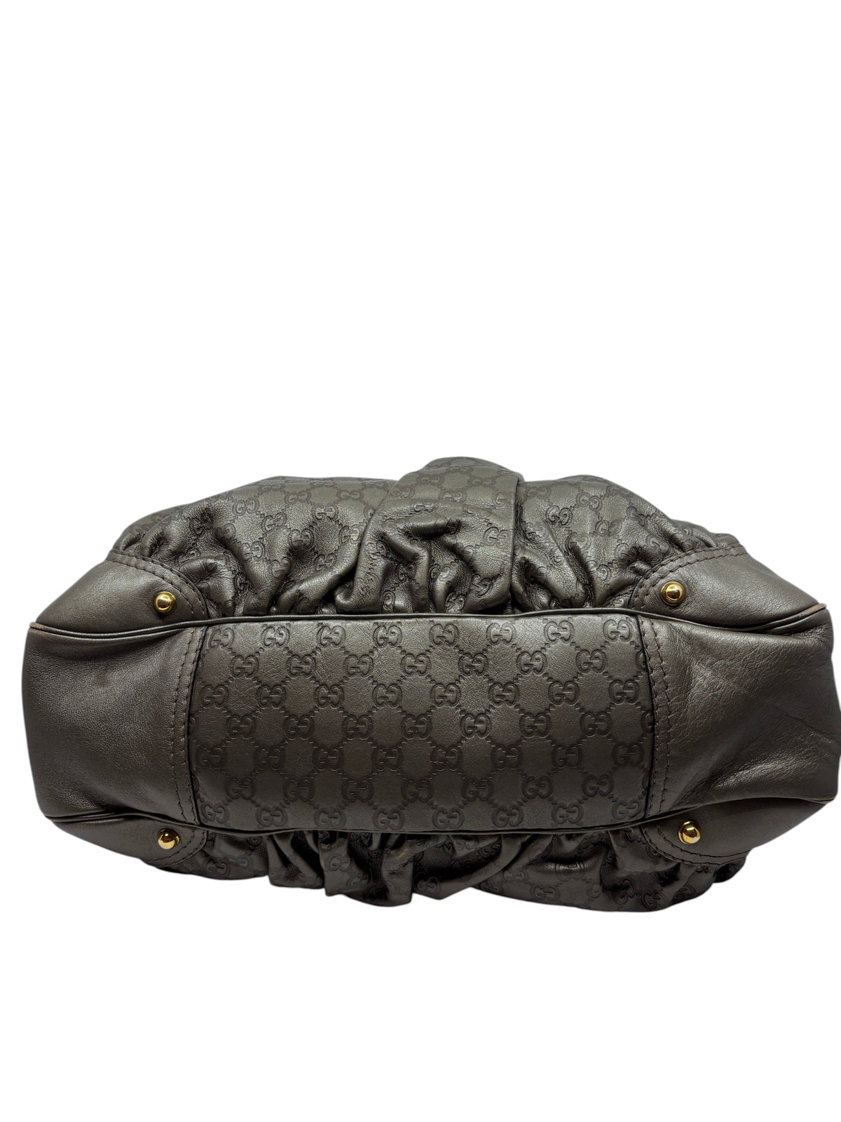 Posh Purse Co. pre-owned gray Gucci Jockey shoulder bag featuring signature embossed GG leather and gold hardware.