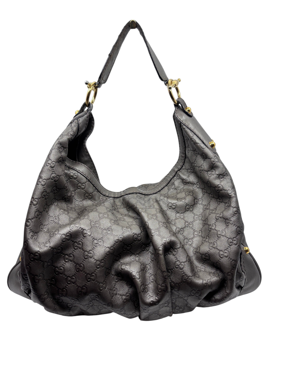 Posh Purse Co. pre-owned gray Gucci Jockey shoulder bag with embossed GG monogram leather and gold-tone hardware.