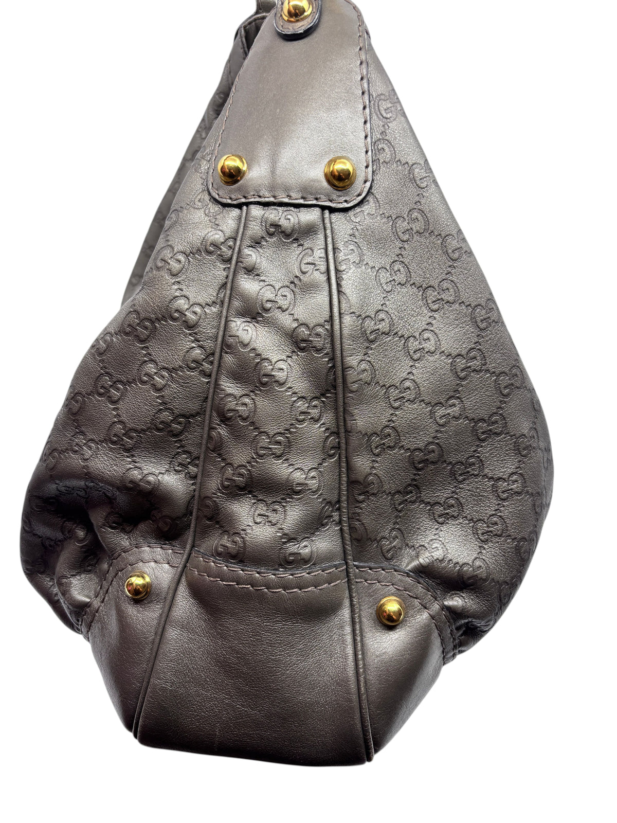 Posh Purse Co. gray Gucci Jockey shoulder bag featuring embossed GG monogram leather and gold-tone hardware details.