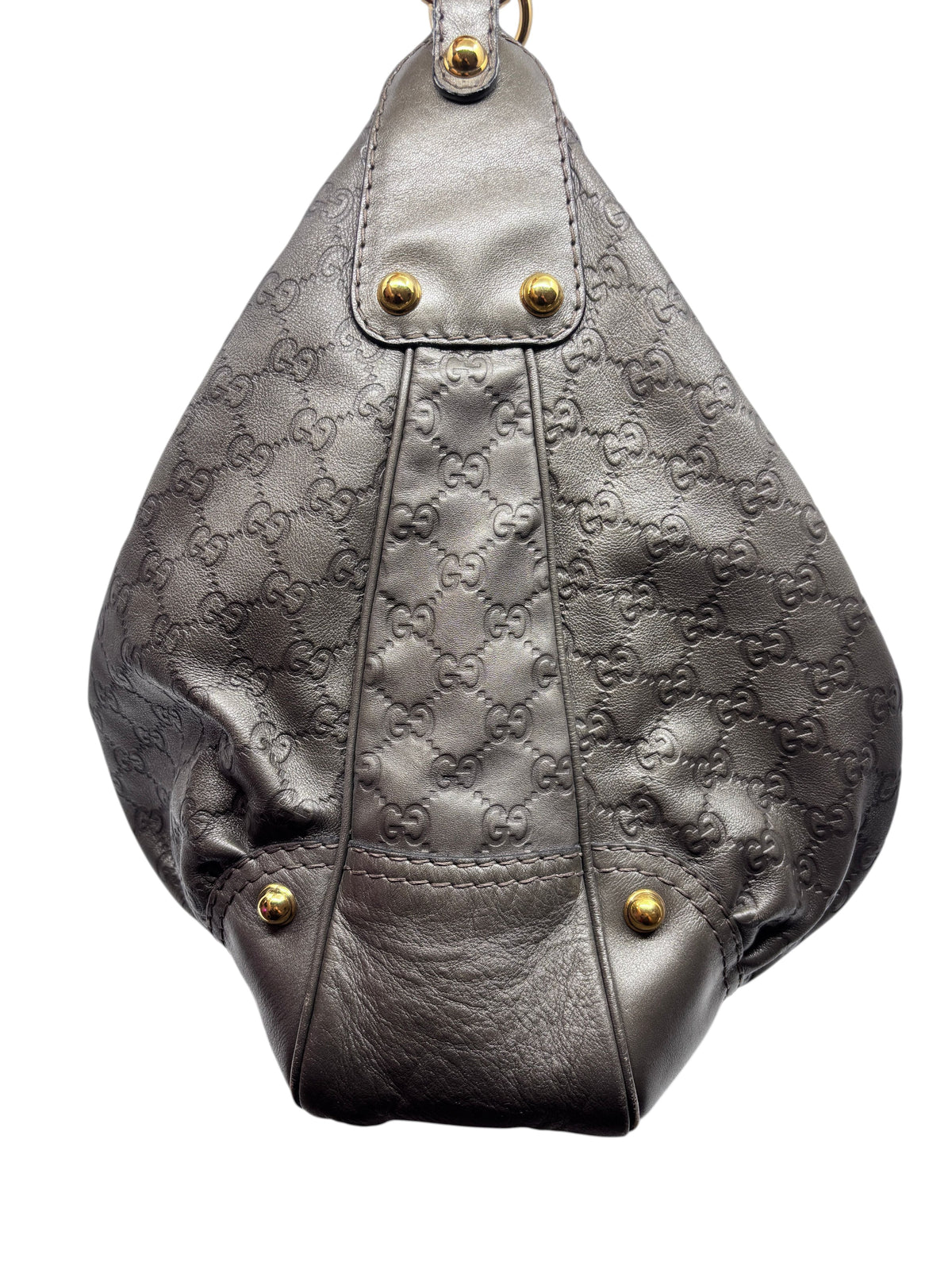 Posh Purse Co. pre-owned gray Gucci Jockey shoulder bag featuring signature embossed GG leather and gold hardware.
