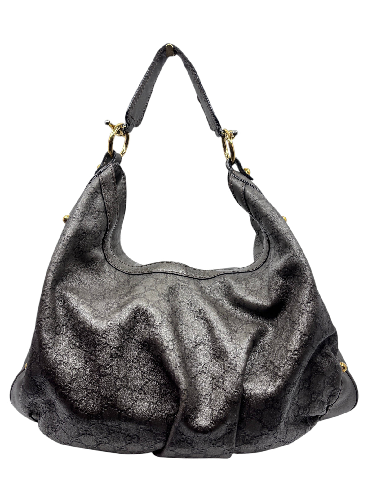 Posh Purse Co. pre-owned gray Gucci Jockey shoulder bag featuring signature GG monogram embossed leather and gold hardware