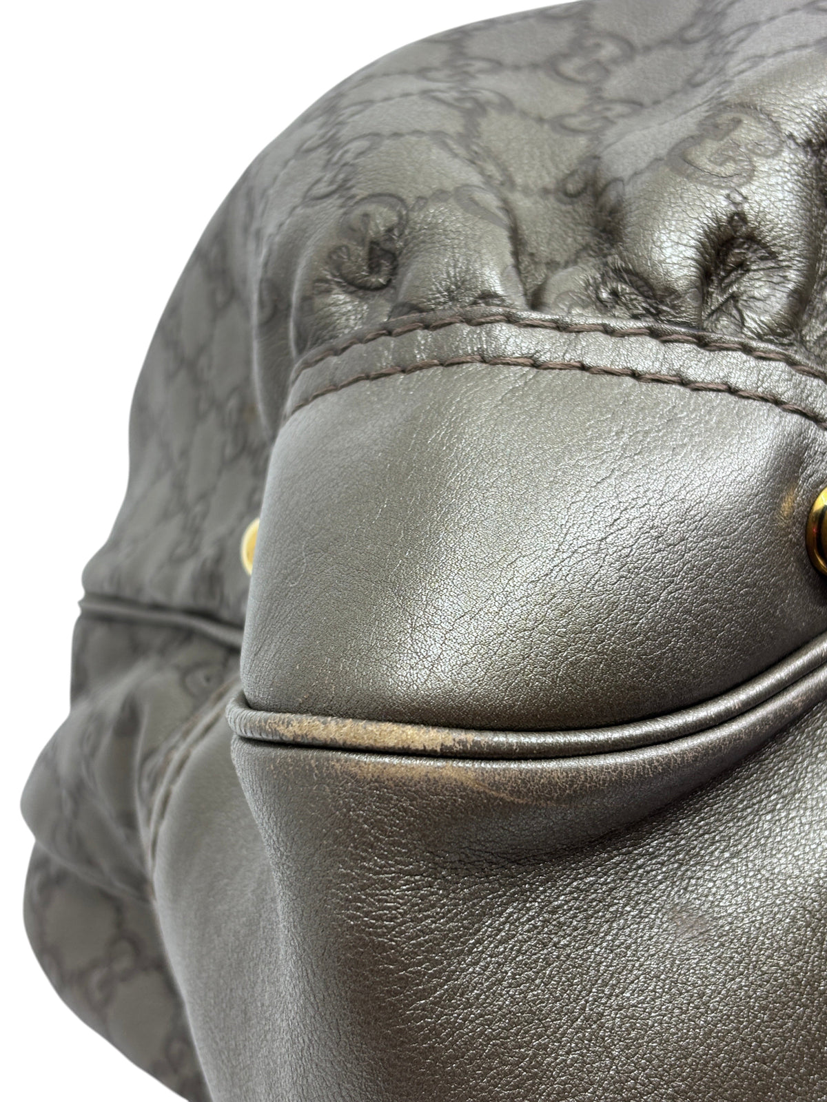 Posh Purse Co. pre-owned gray Gucci Jockey shoulder bag featuring embossed GG monogram leather and gold-tone hardware.