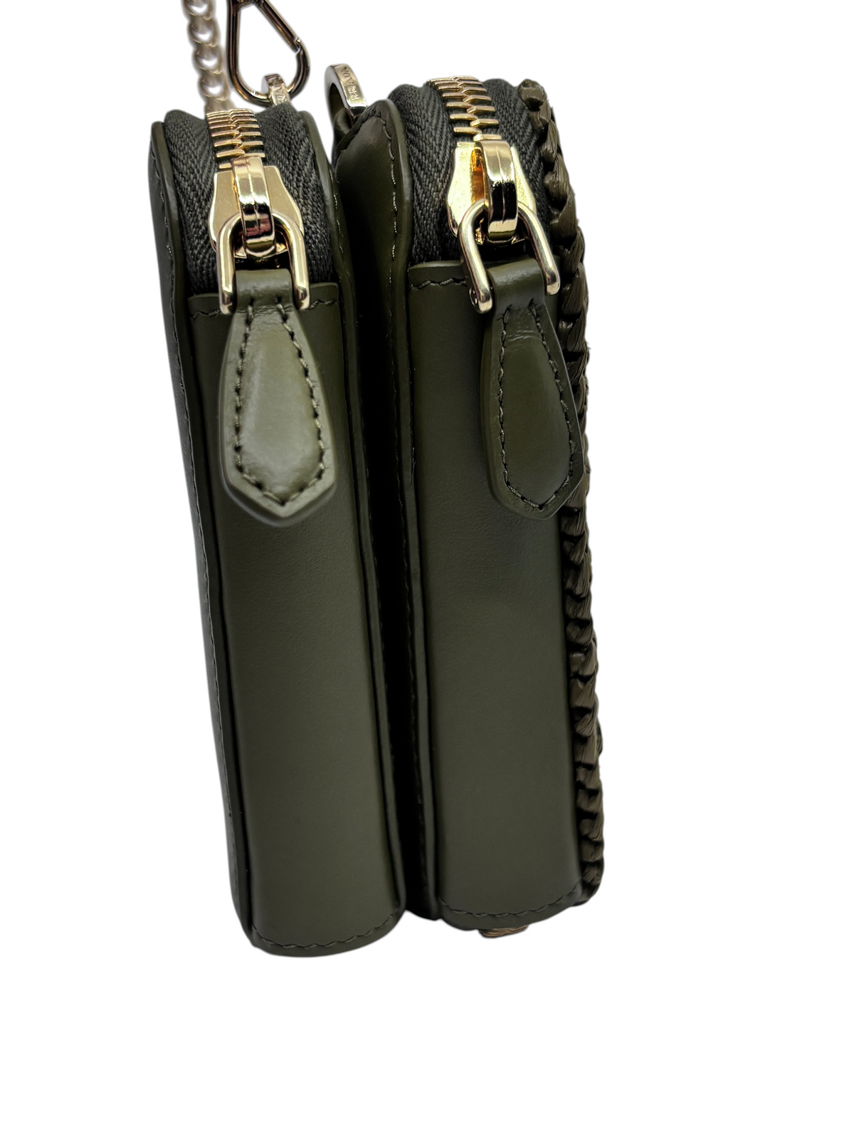 Posh Purse Co green Prada mini triangle crossbody bag featuring gold zippers and leather pull tabs