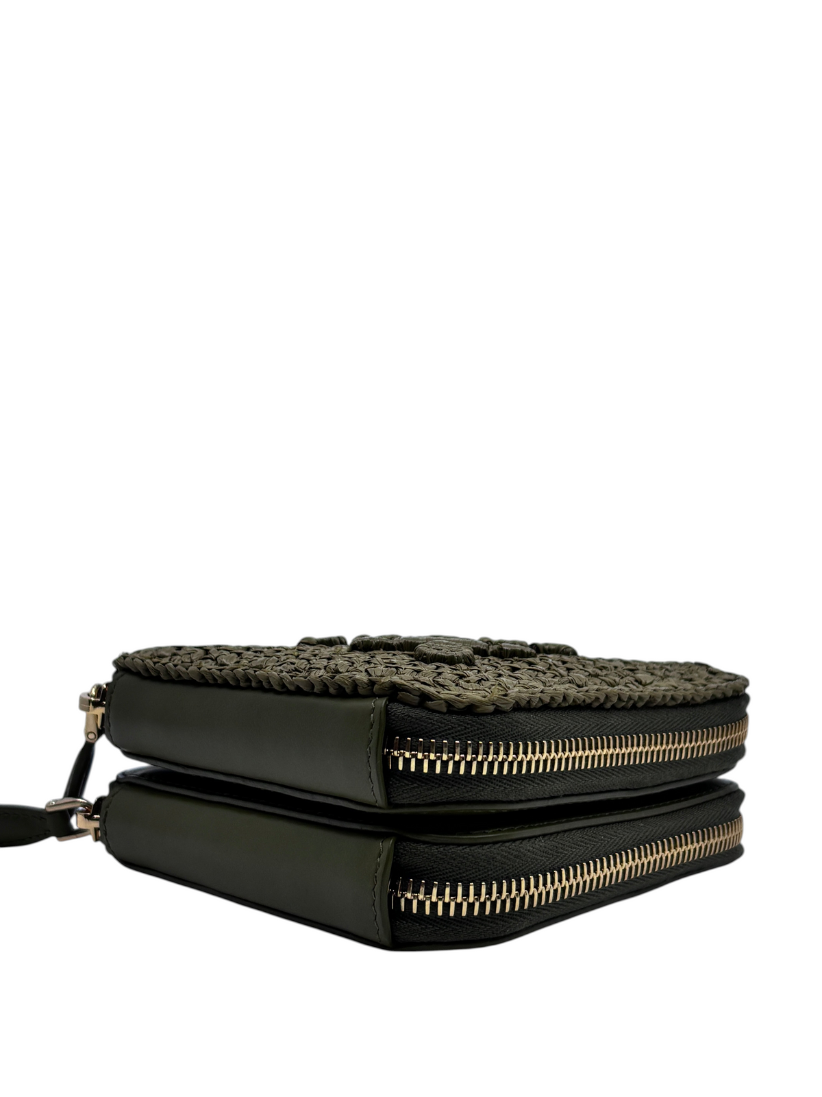 Posh Purse Co green mini Prada triangle crossbody bag with textured woven detail and gold-tone zipper closures