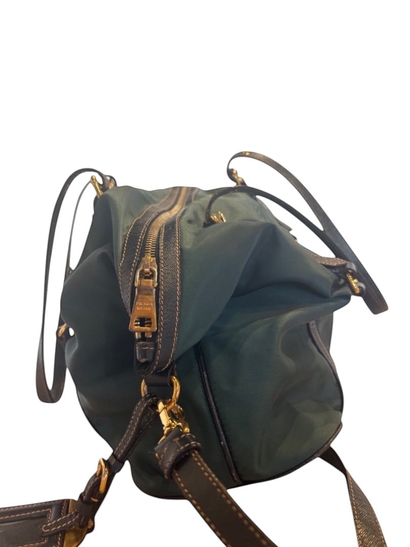 Posh Purse Co green Prada Nylon Tessuto bag with gold hardware and leather trim. This versatile bag is perfect for everyday use.