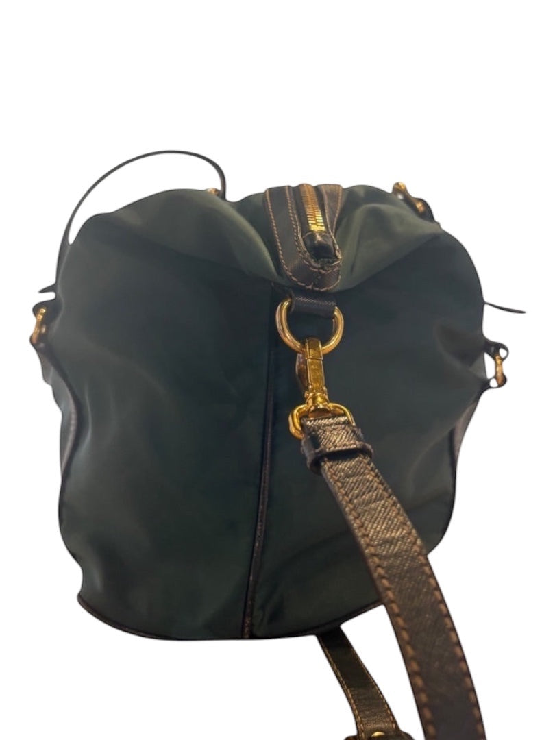 Posh Purse Co green Prada Nylon Tessuto bag with gold-tone hardware and adjustable strap.