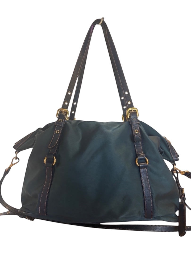 Posh Purse Co green Prada Nylon Tessuto bag with silver-tone hardware and adjustable straps.