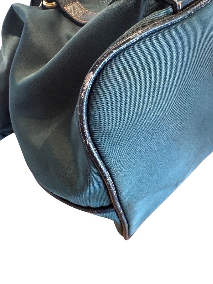 Posh Purse Co green Prada Nylon Tessuto bag with leather trim and silver-tone hardware.