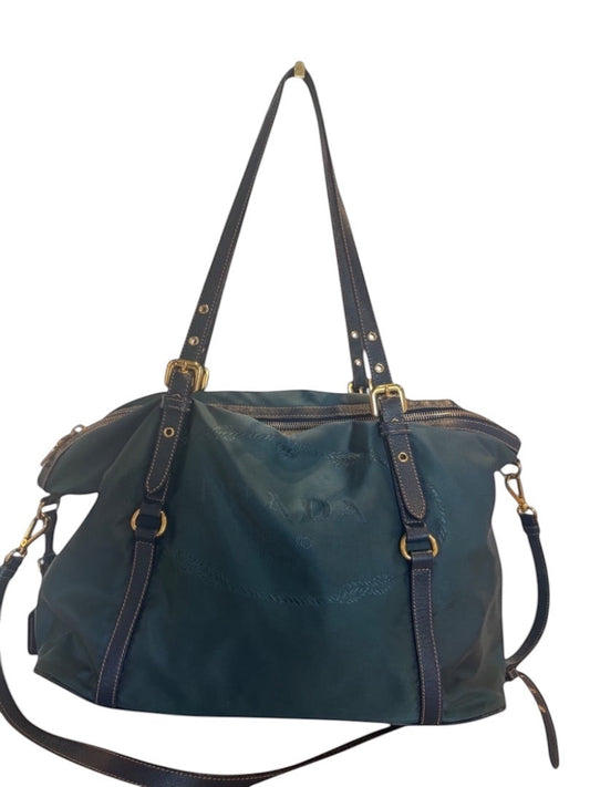 Posh Purse Co green Prada Tessuto nylon bag with silver-tone hardware and adjustable shoulder strap.