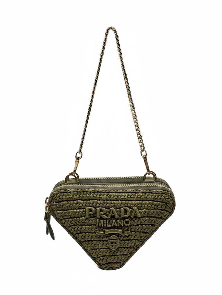 Posh Purse Co green mini Prada triangle crossbody bag with textured finish and gold chain strap on white background