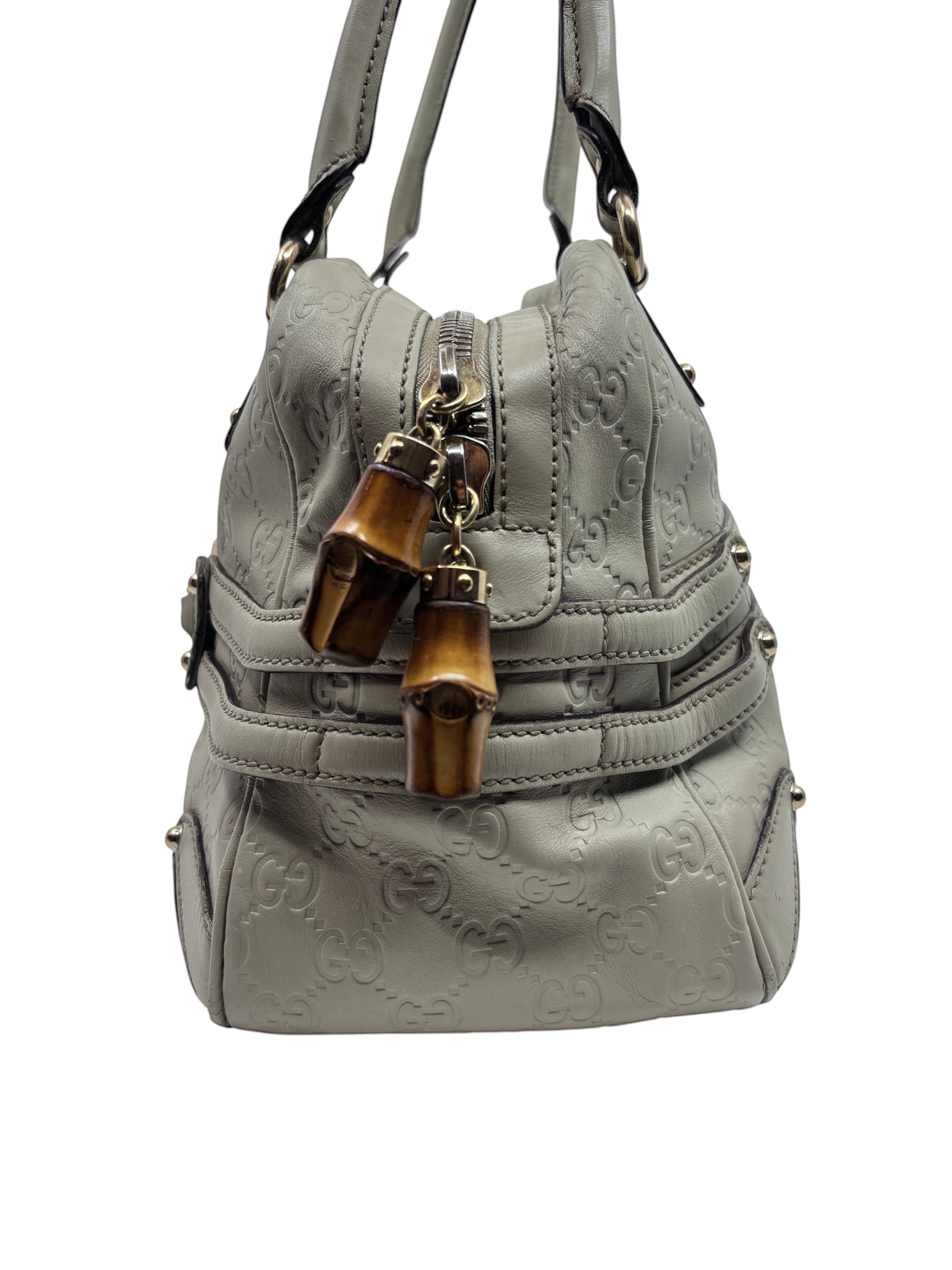 Posh Purse Co preloved grey Gucci Horsebit Wave handbag with embossed GG leather and bamboo zipper pulls
