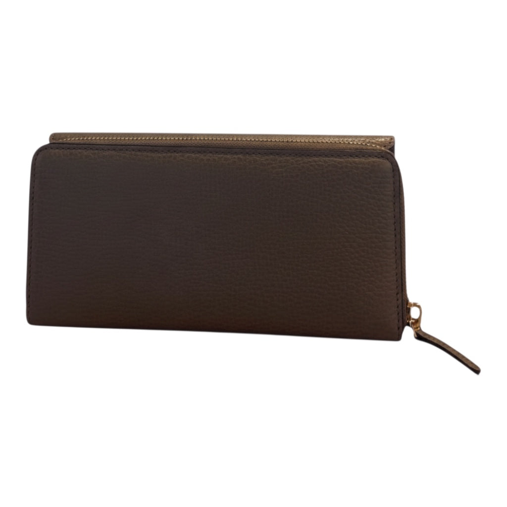 Posh Purse Co grey pebbled leather zip-around wallet with gold hardware, presented in its original box.