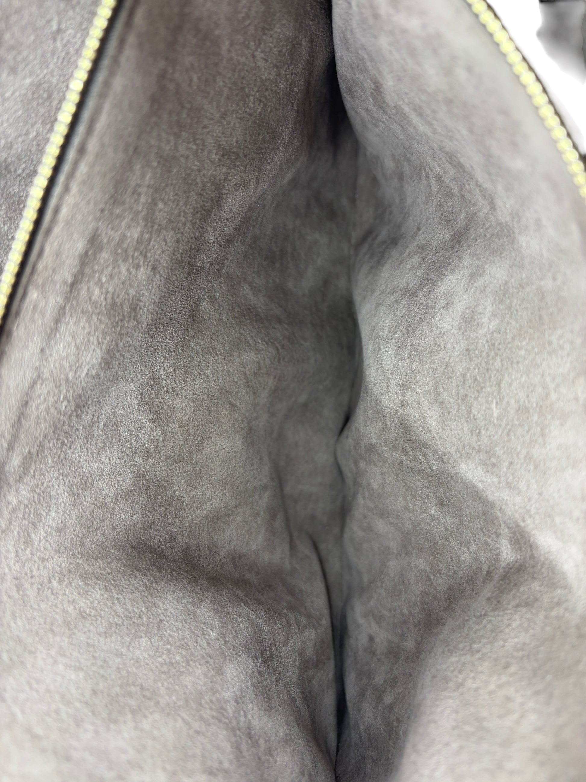 Interior view of a grey Louis Vuitton Coussin Large handbag featuring soft suede-like lining from Posh Purse Co.