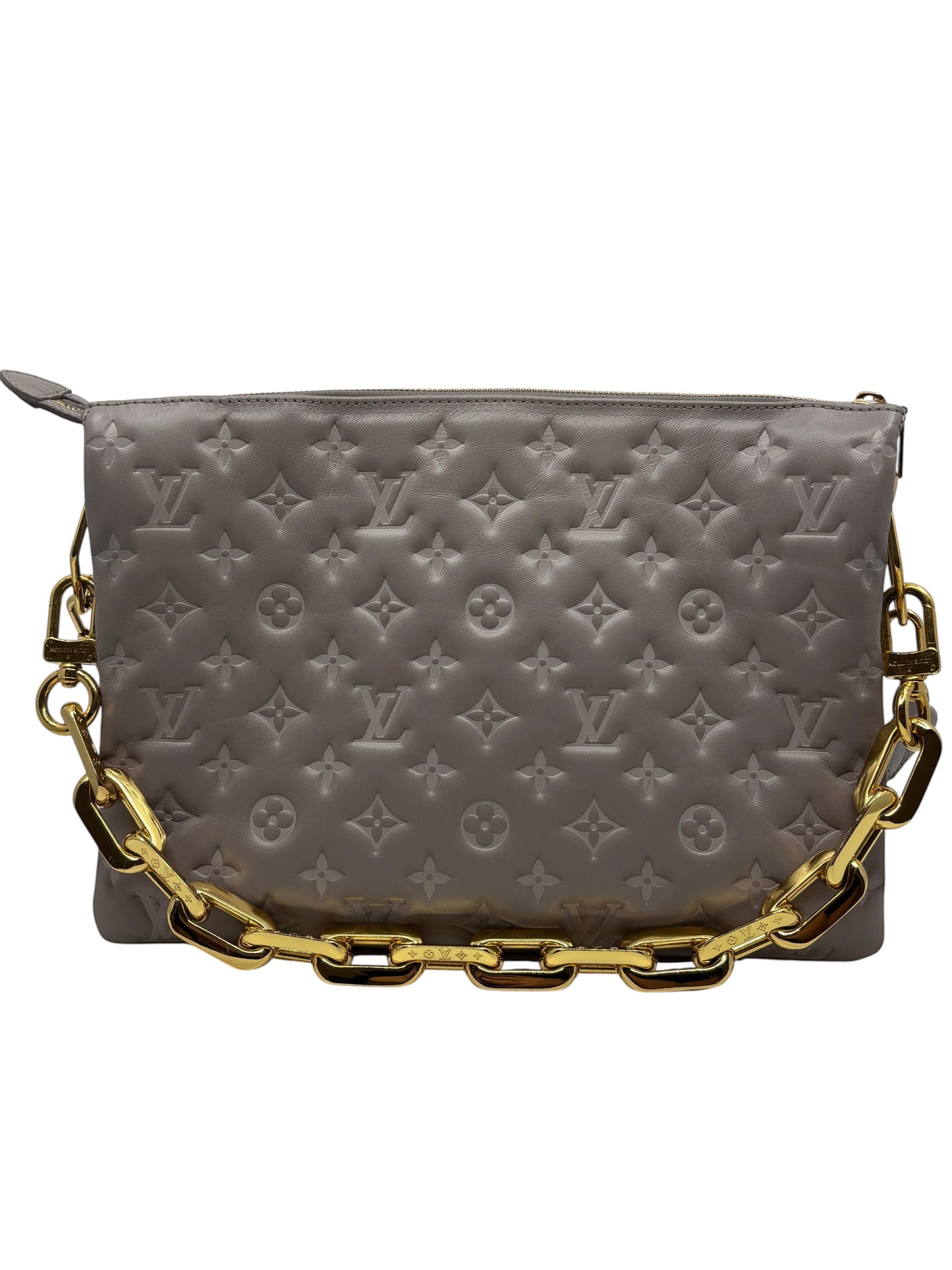 Posh Purse Co grey Louis Vuitton Coussin Large handbag in Monogram-embossed leather with a chunky gold chain strap.
