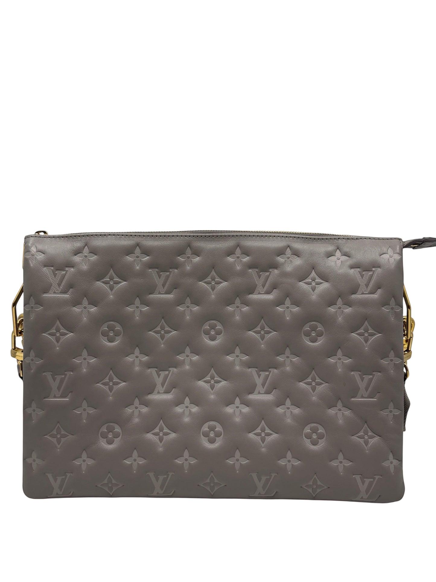 Posh Purse Co. grey Louis Vuitton Coussin Large handbag in Monogram-embossed leather with gold hardware.