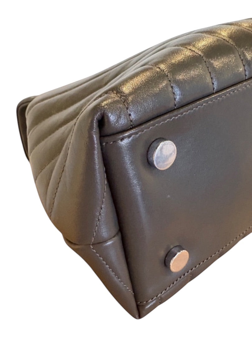 Posh Purse Co grey Saint Laurent calfskin LouLou satchel with quilted stitching and silver hardware.