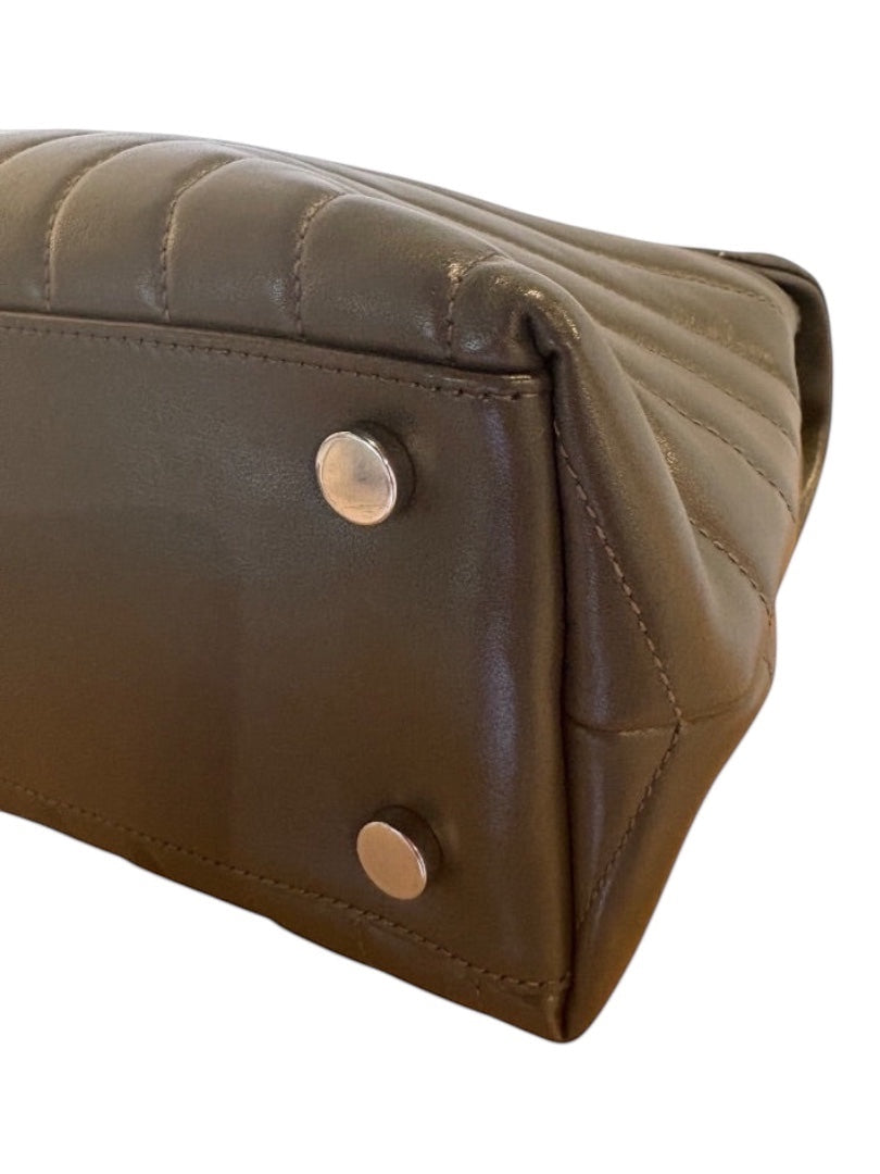 Posh Purse Co grey Saint Laurent calfskin quilted medium LouLou satchel with silver hardware and protective feet.