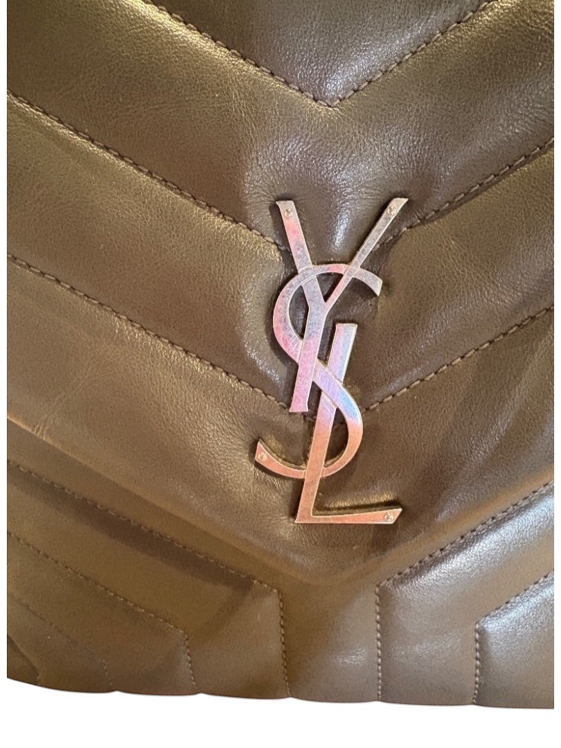 Posh Purse Co grey Saint Laurent calfskin quilted LouLou satchel with YSL monogram and magnetic snap closure.