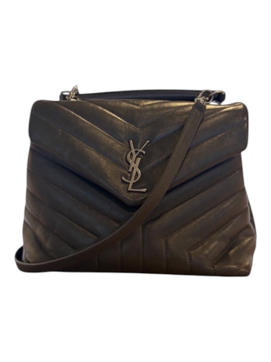 Posh Purse Co grey Saint Laurent calfskin LouLou satchel with quilted detailing and silver YSL monogram.