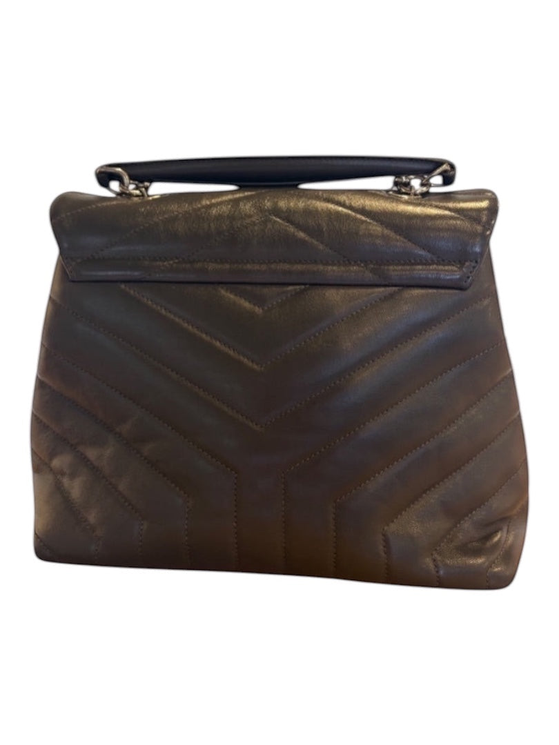 Posh Purse Co grey Saint Laurent calfskin LouLou satchel, medium size, with quilted stitching and silver hardware.