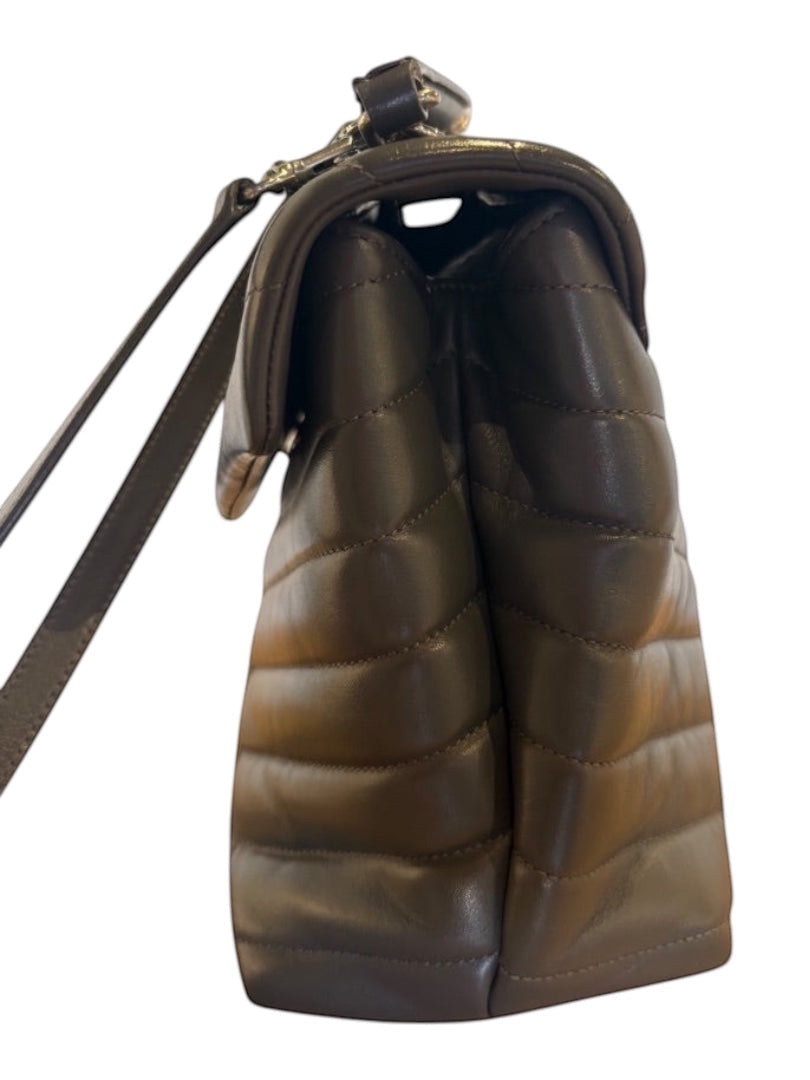 Posh Purse Co Grey Saint Laurent Calfskin LouLou Medium Satchel with quilted leather and silver hardware.