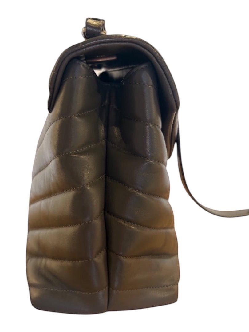 Posh Purse Co grey Saint Laurent calfskin LouLou satchel, medium size, with quilted detailing and silver hardware.