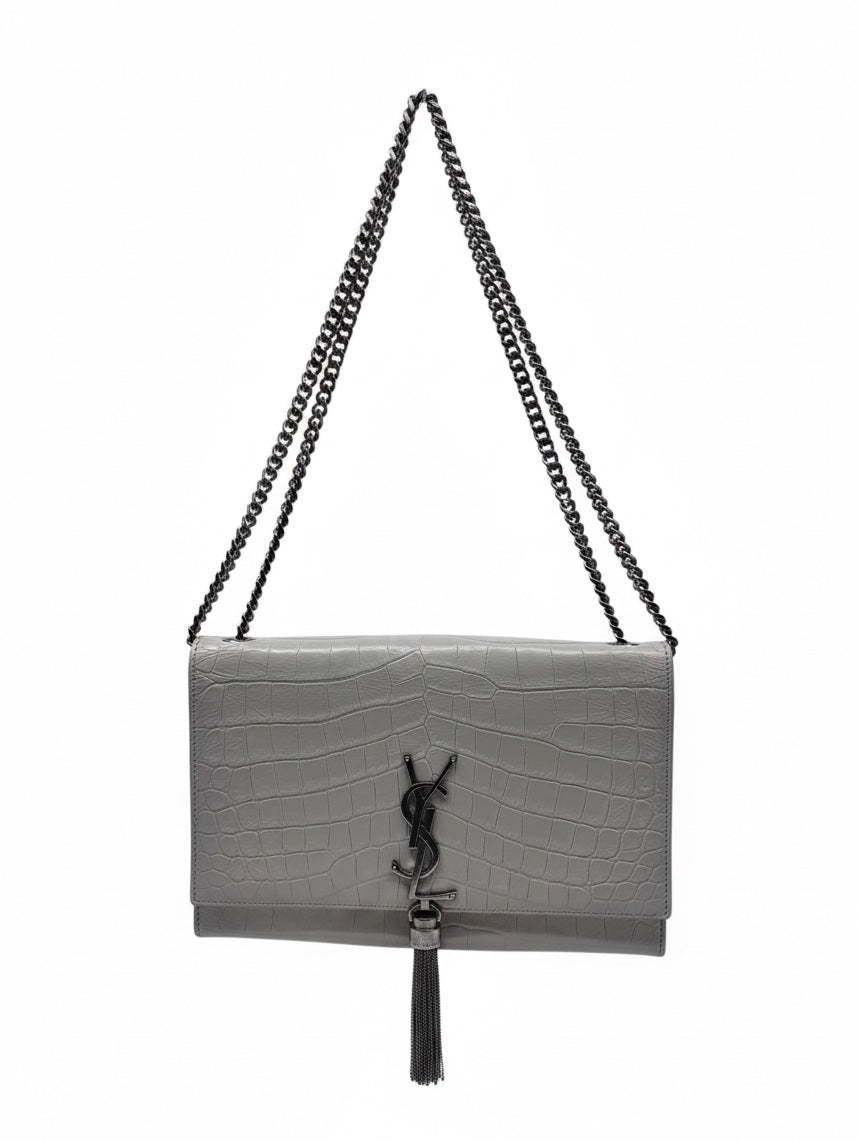 Posh Purse Co grey crocodile-embossed YSL Kate shoulder bag with chain strap and signature logo tassel
