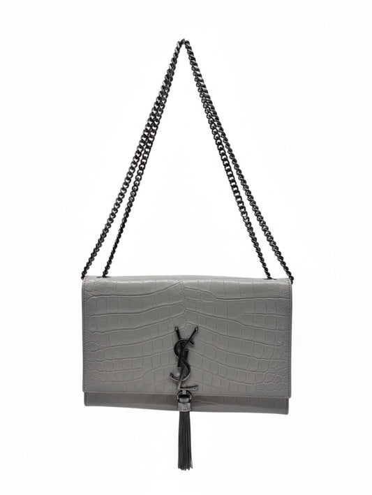 Posh Purse Co grey crocodile-embossed YSL Kate shoulder bag with chain strap and signature logo tassel