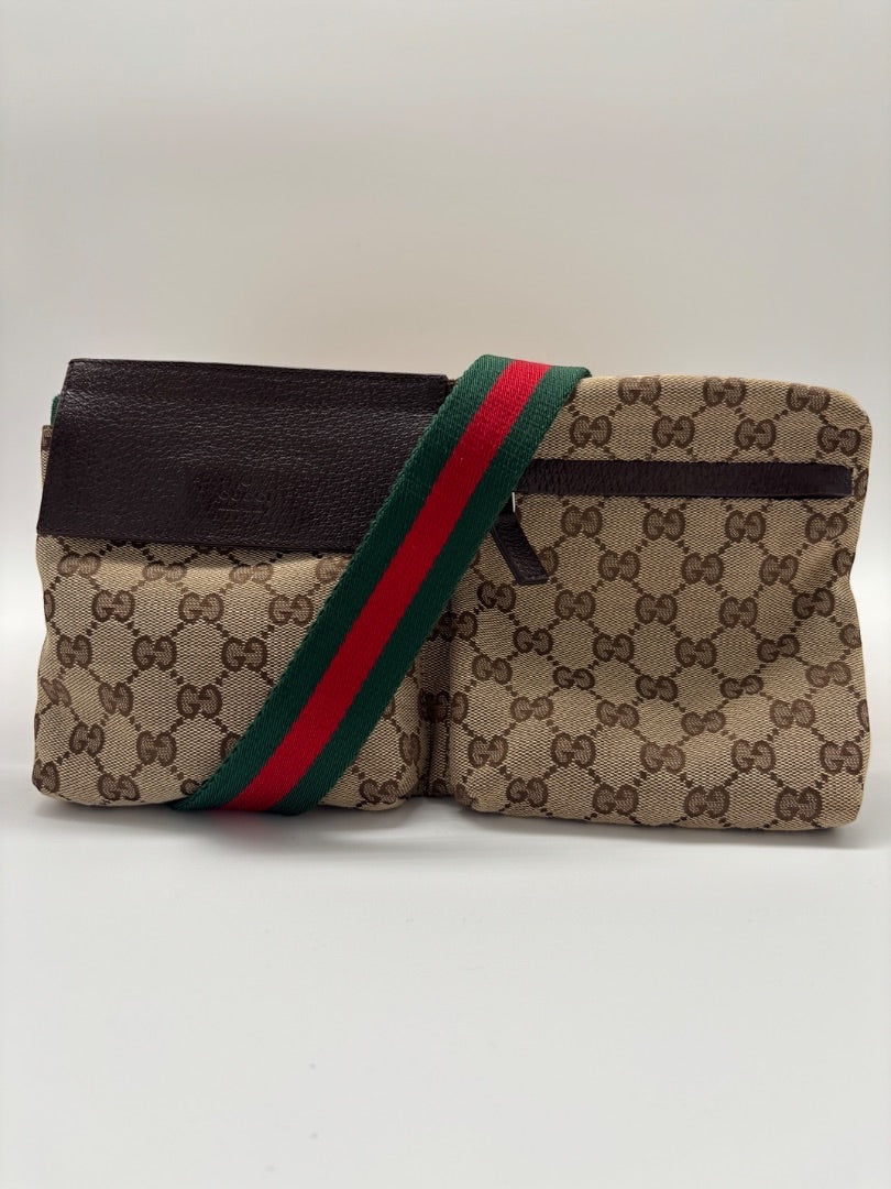 Posh Purse Co Gucci belt bag in beige GG Supreme canvas with brown leather trim and iconic green and red web stripe strap.