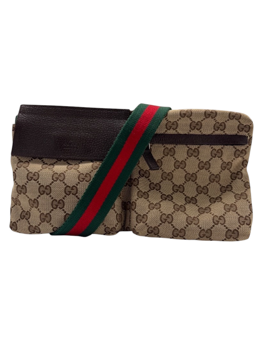 Posh Purse Co Gucci belt bag in beige GG Supreme canvas with brown leather trim and iconic green and red web stripe strap.