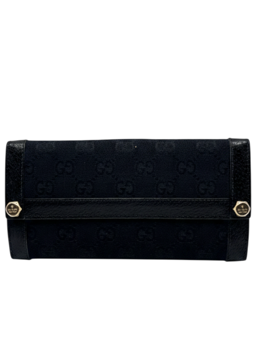 Posh Purse Co. preloved black Gucci continental wallet featuring signature GG monogram canvas and gold hardware.
