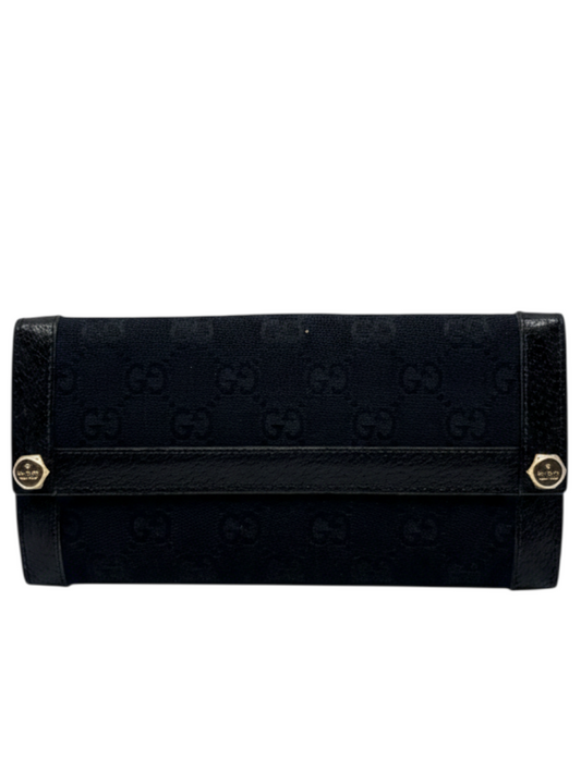 Posh Purse Co. preloved black Gucci continental wallet featuring signature GG monogram canvas and gold hardware.