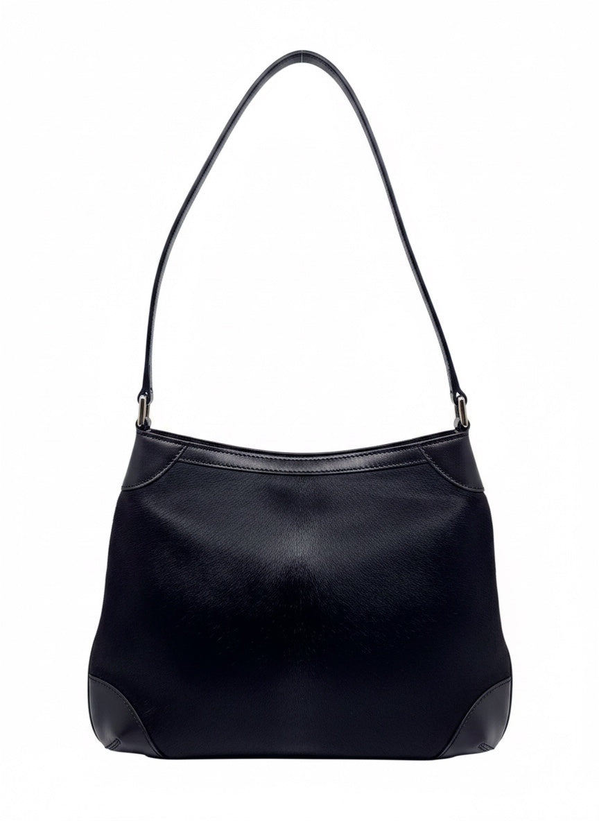 Posh Purse Co Gucci black pony hair shoulder bag with leather trim and slim strap