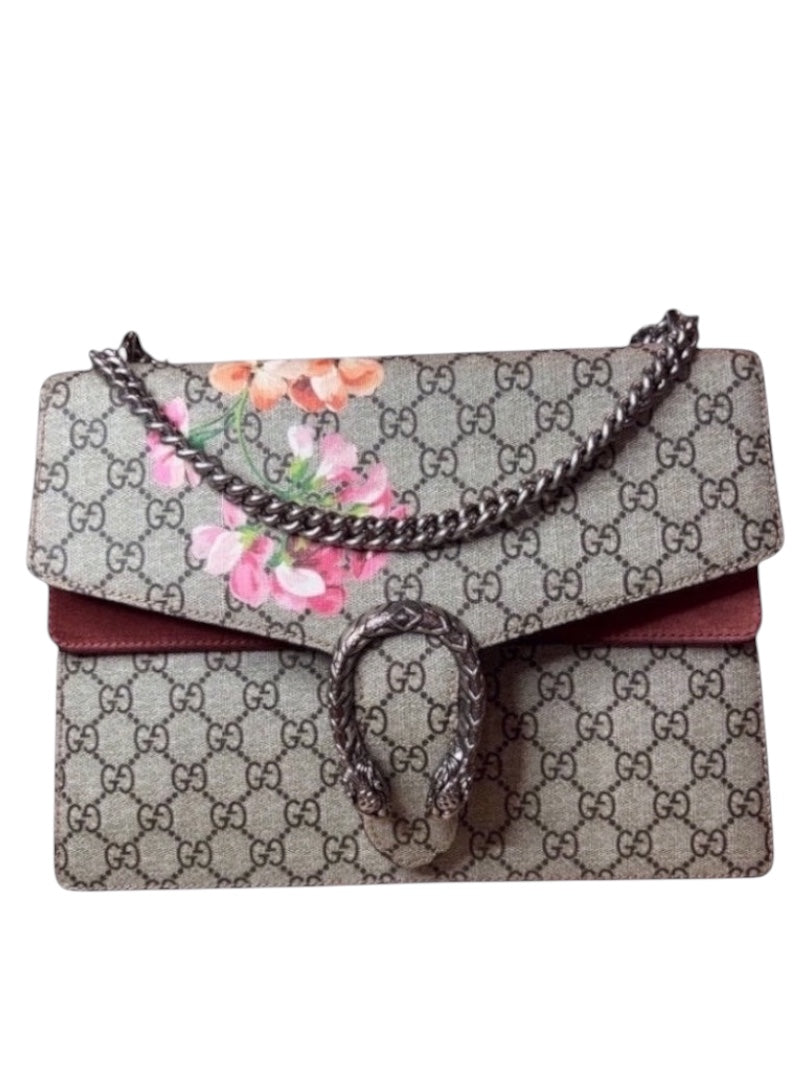 Posh Purse Co Gucci Dionysus Bloom shoulder bag in GG Supreme canvas with floral print and tiger head spur closure.
